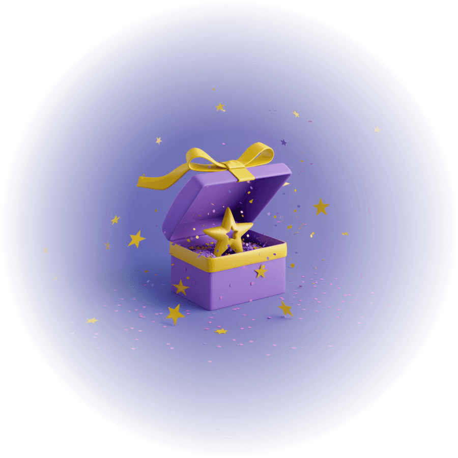 Colorful gift box with stars and confetti on purple background.