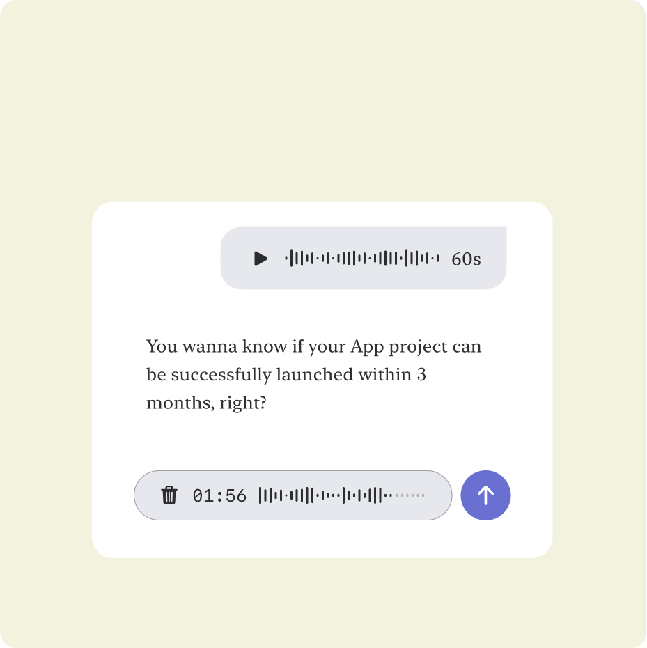 Voice message card asking about app project launch success.