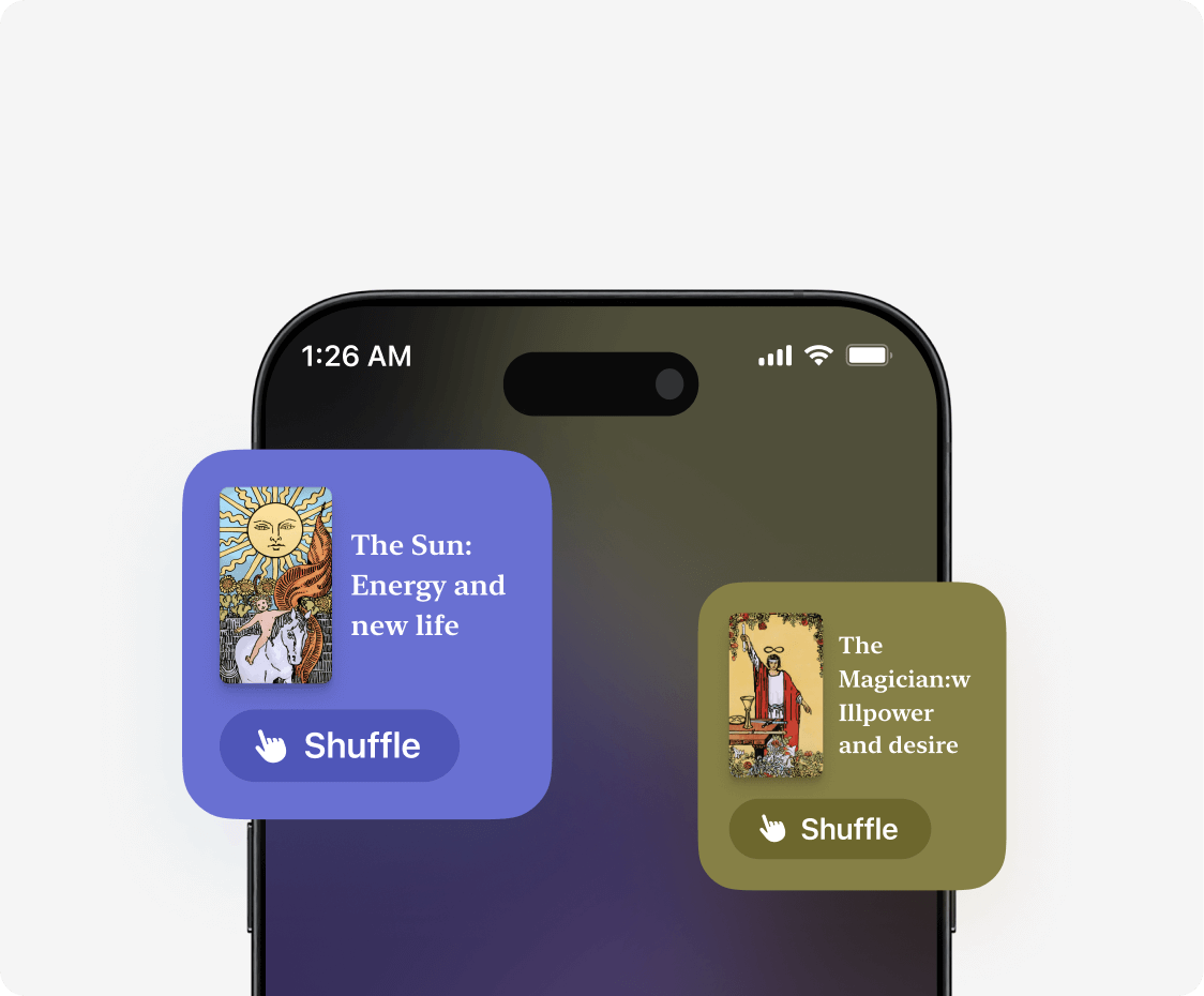 Tarot card widgets displaying The Sun and The Magician.