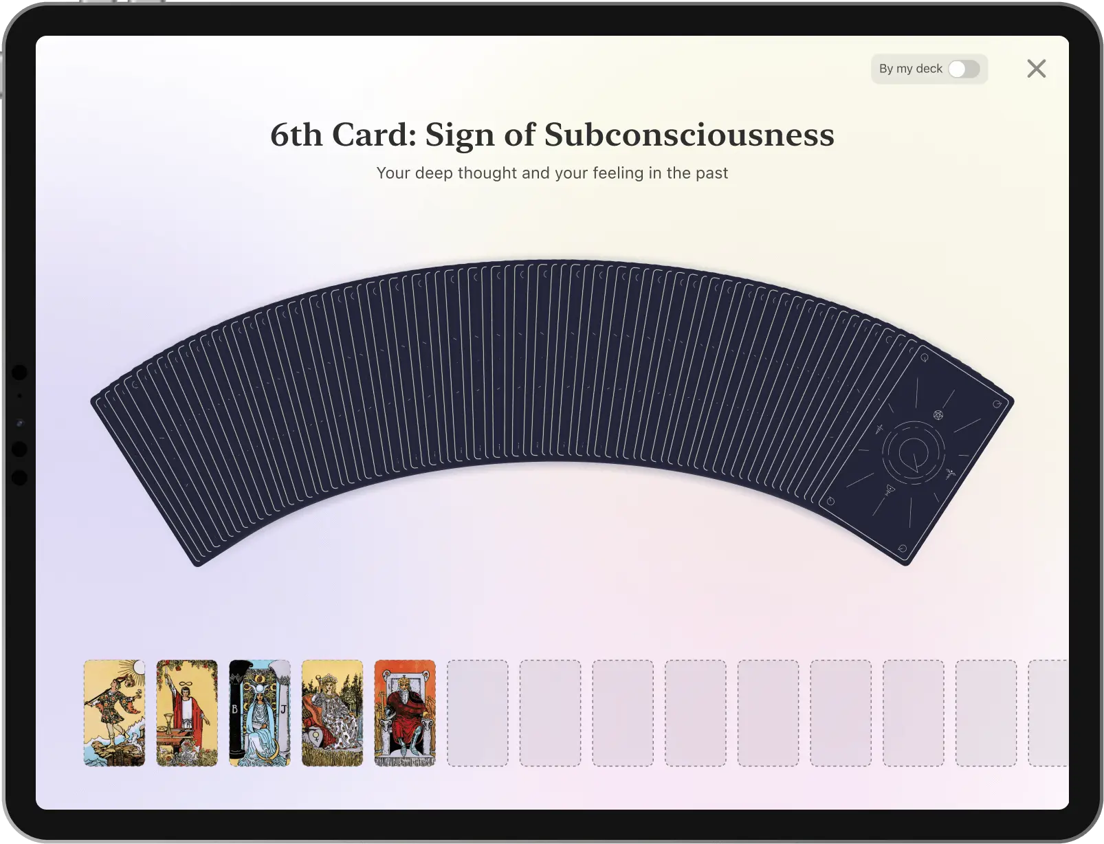 Tarot card reading interface displaying the sixth card.